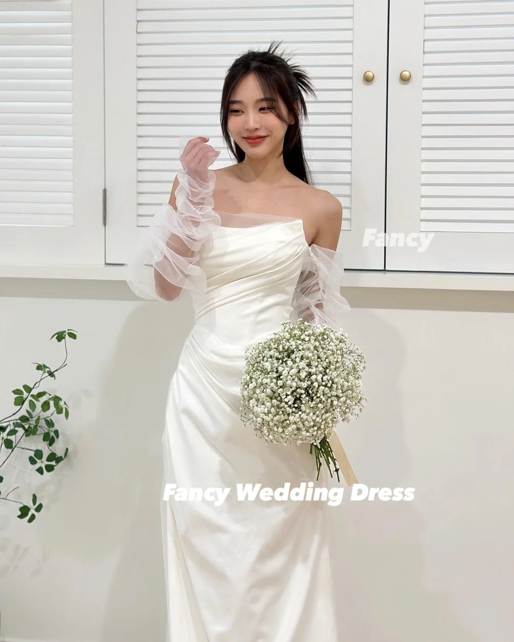 Fancy Princess A Line Korea Wedding Dress Pleats Remove Sleeves Evening Dress Back Corset Ball Bridal Gown Robes Customized
