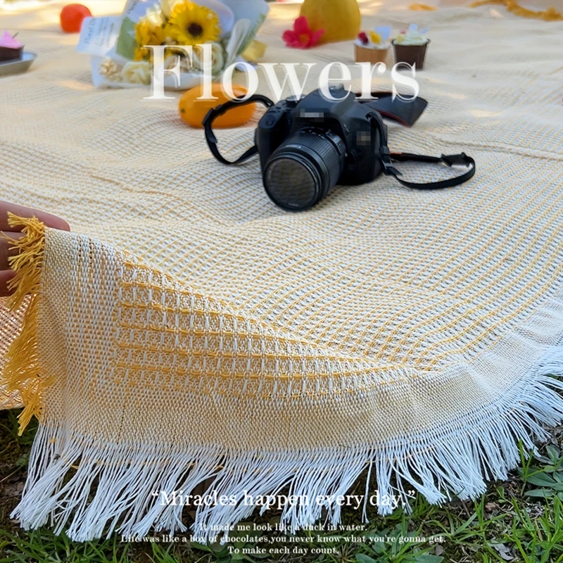 French Style Picnic Mat Solid Color Tassel Thickened Outdoor Camping Picnic Mats, Beach Blanket, Grassland Mat, Tent Floor Mat