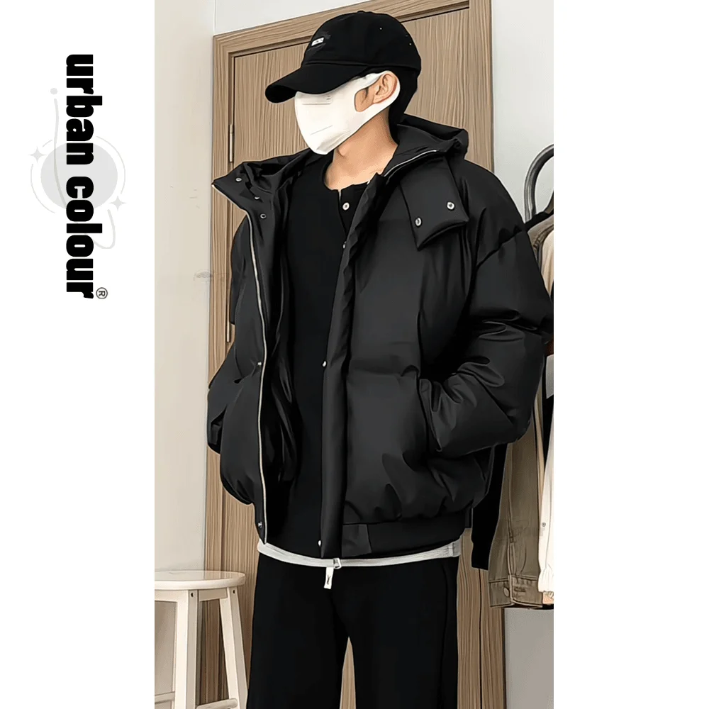 Retro American PU Leather Thiened Winter Coat for Men Windproof Cotton Bread Sle Jaet Loose Fit Hooded Outerwear