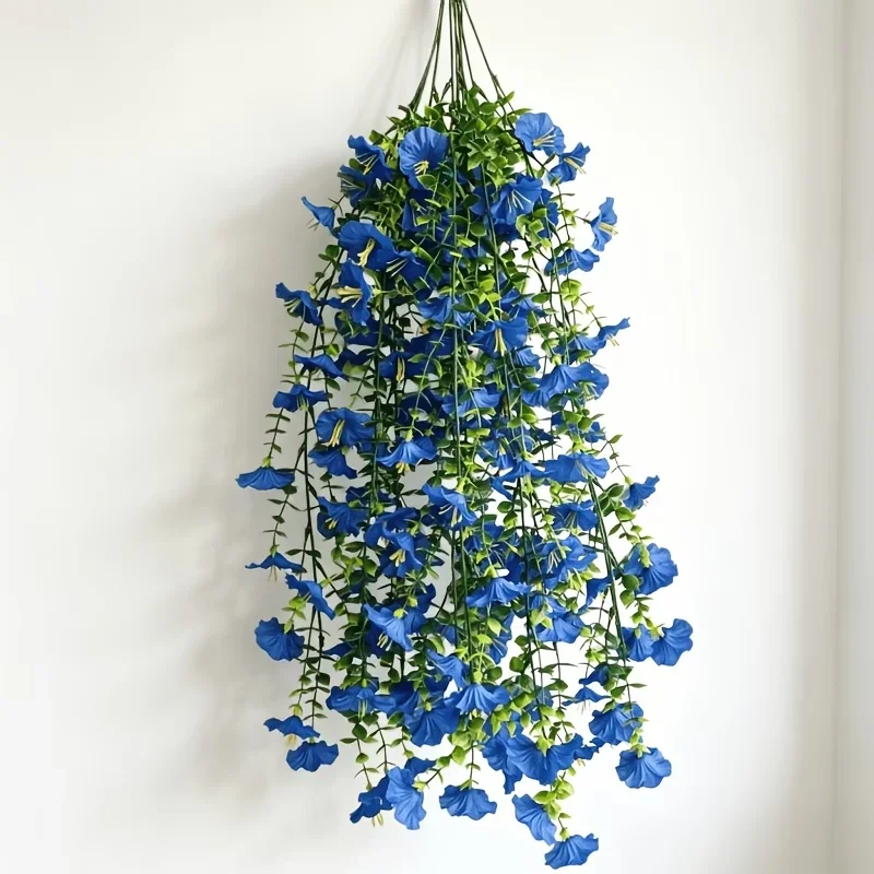 Guirnalda Colgante Artificial de Gloría de la Mañana Azul, Planta de Enredadera Simulada con Hojas de Eucalipto, Resistente a los Rayos UV, a la Decoloración y Duradera