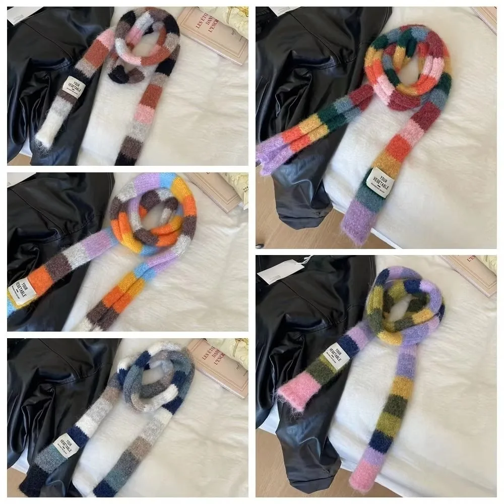 Fashion Y2K Striped Scarf Knitted Wool With Warm Color Splicing Contrast Sausage Thin Scarf Rainbow Color Scarf Winter