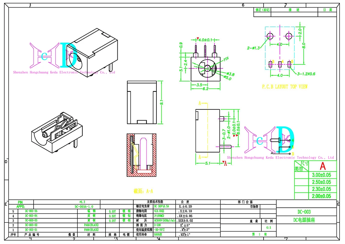 5pcs DC-003 3.5x1.3mm DC Power Jack Socket Connector 3-Pin Panel Mount Plug