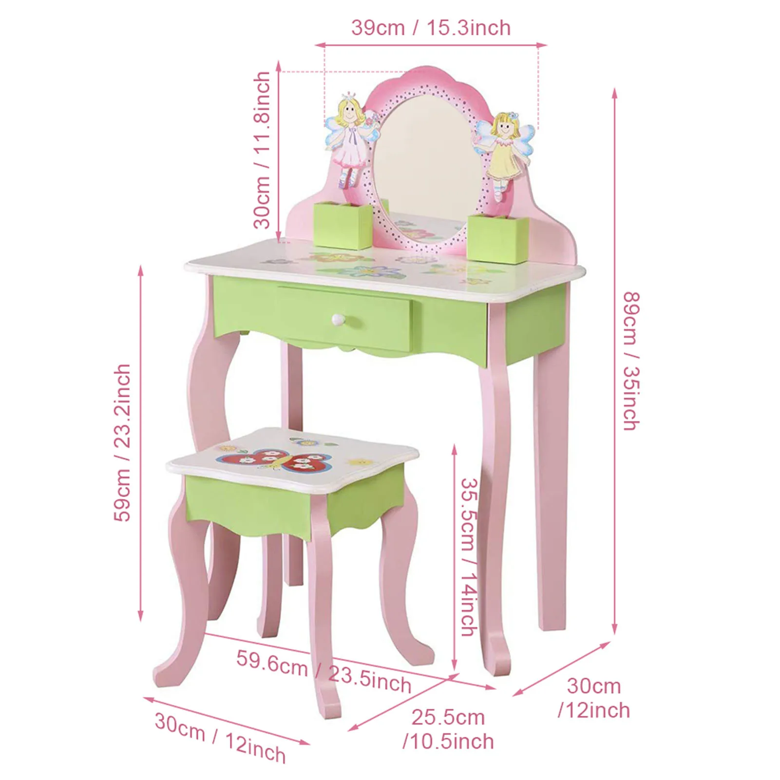 Toddler Girls Makeup Dressing Table Pretend Vanity Set Wooden Kids Vanity Set Makeup Table Chair Set with Mirror Drawer