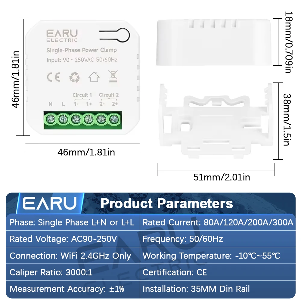 EARU 1 2 Phase Channel Tuya App ZigBee Smart Bidirectional Monitor Current Voltage kWh PV Solar Power Energy Meter with CT Clamp