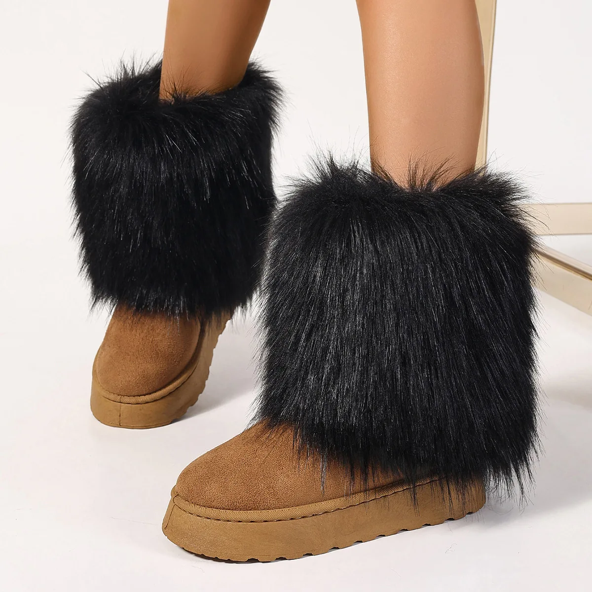 Winter Women Fur Boots Faux Fur Snow Boots Warm Short Plush Lining Fluffy Fashion Furry Shoes Woman Ankle Boots Suede Leather