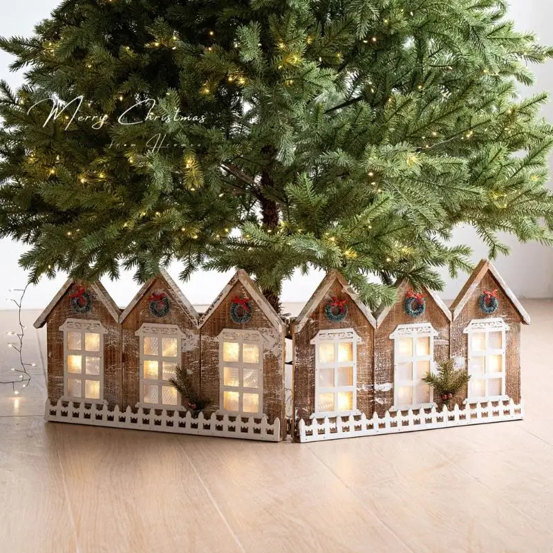 

Эффективная деревянная юбка для рождественской елки со встроенными теплыми светодиодными огнями Праздничное украшение Простая в