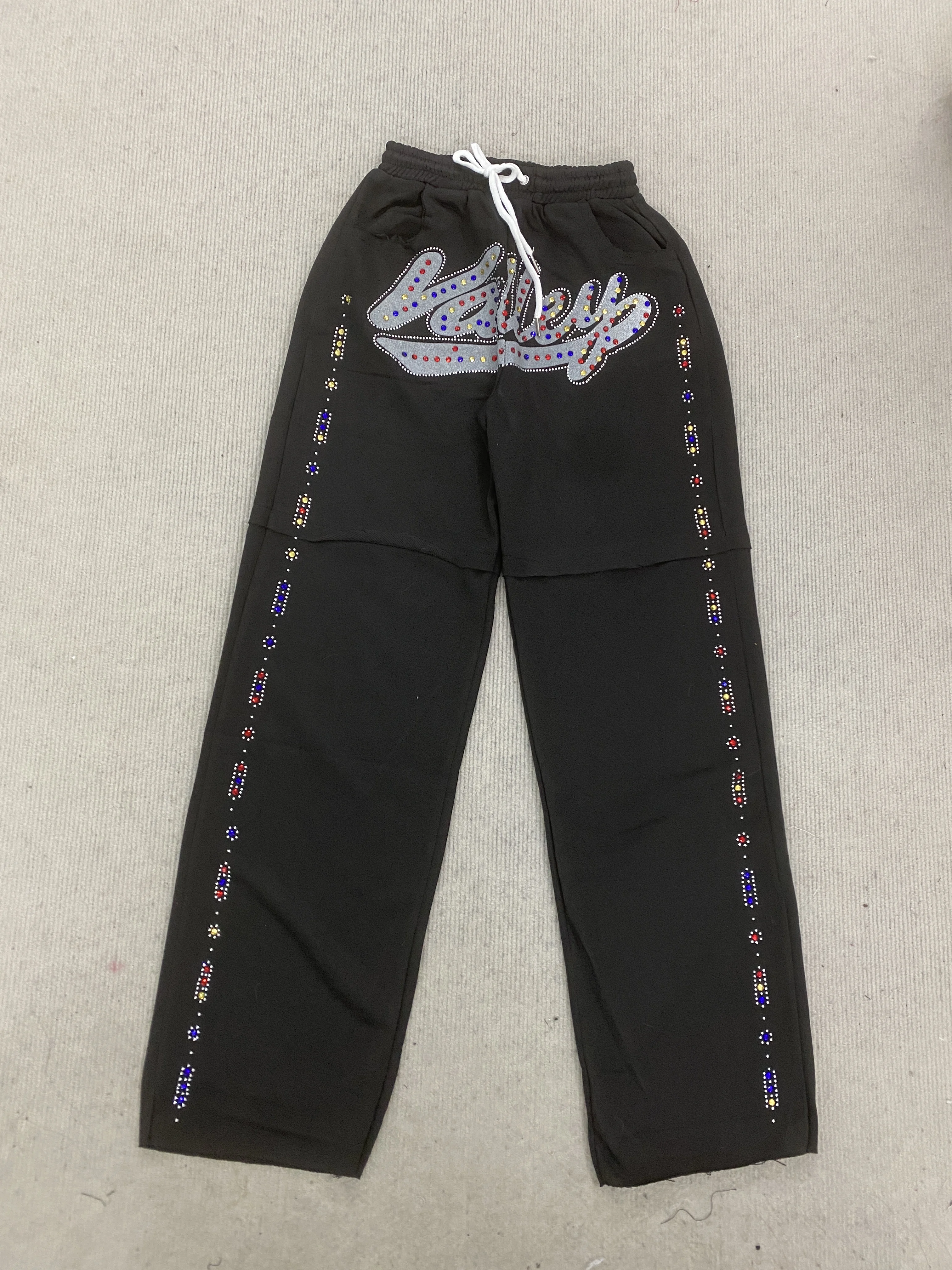 Y2K Streetwear Waist Drawstring Colorful Rhinestone Cursive Logo Dual Side Vertical Gem Strip Loose Straight Track Pants - view 2