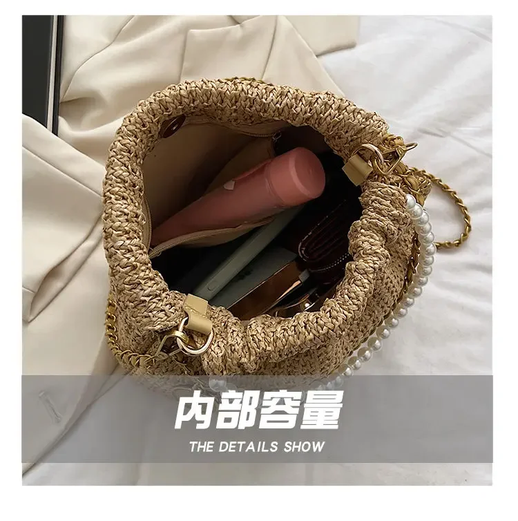 Netizen Fashion Design Single Shoulder Women\'s Bag Small Fragrant Wind Pearl Chain Woven Bag High Beauty Handheld Crossbody Bag