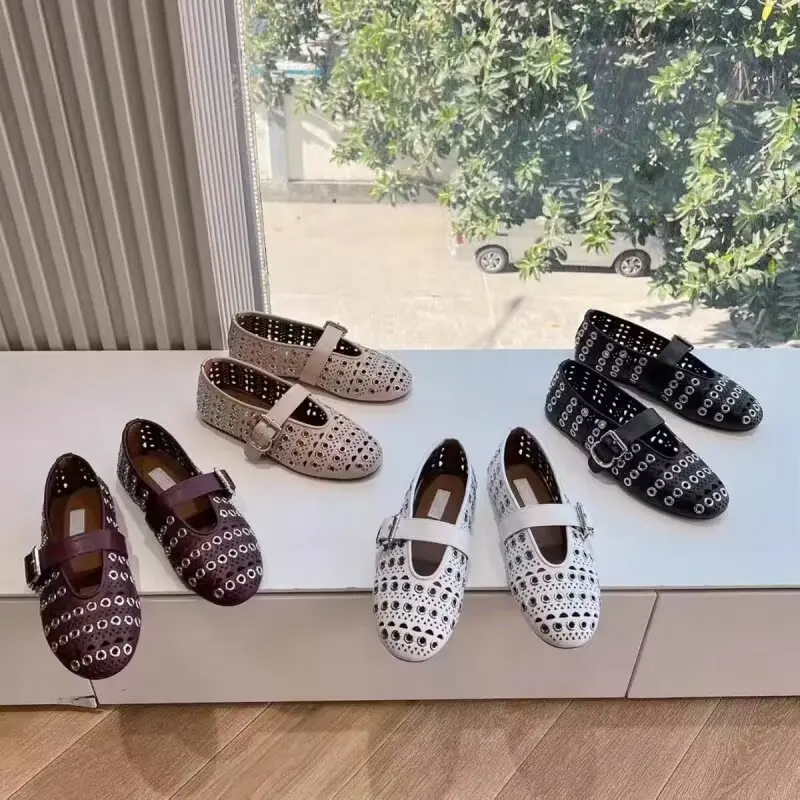 

Оригинальные дизайнерские балетки из натуральной кожи для женщин, с круглым носком, полностью инкрустированные стразами, полые, на плоской подошве, сандалии Мэри Джейн, туфли без каблука