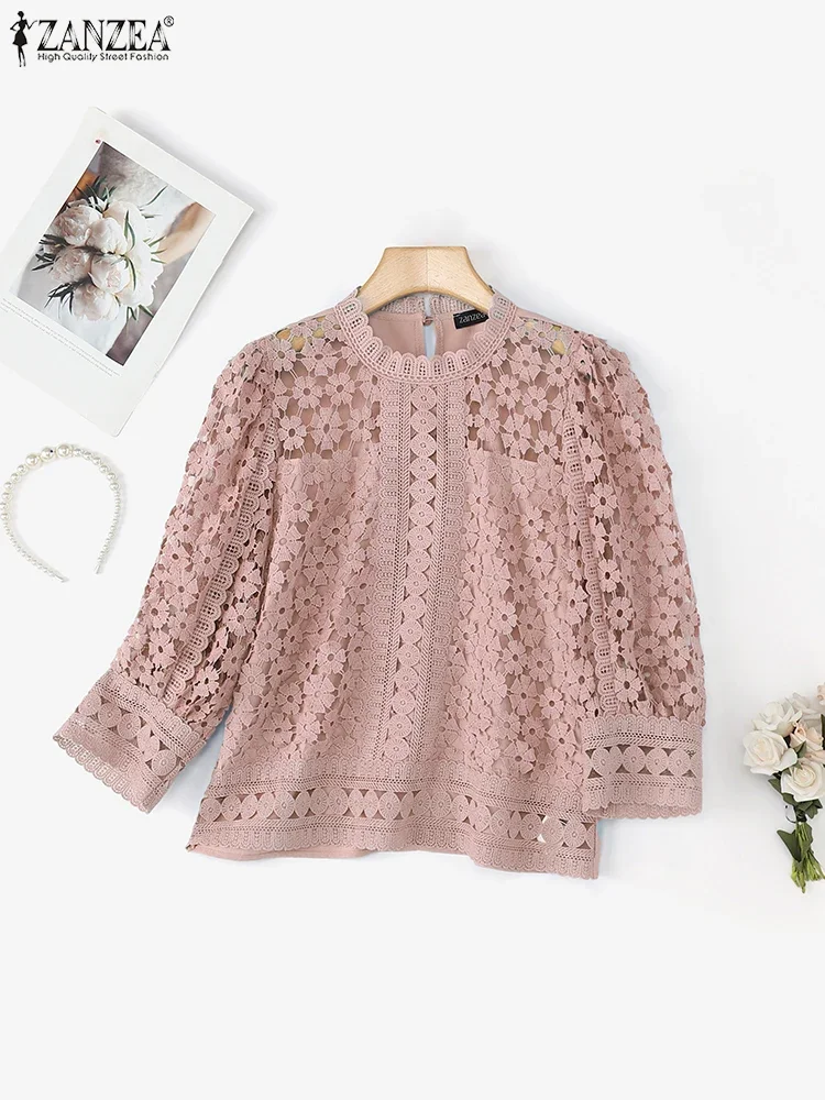 Femmes élégantes dentelle Blouse ZANZEA 3/4 manches bouffantes couleur unie tunique hauts 2025 automne col rond transparent décontracté bureau dame chemises