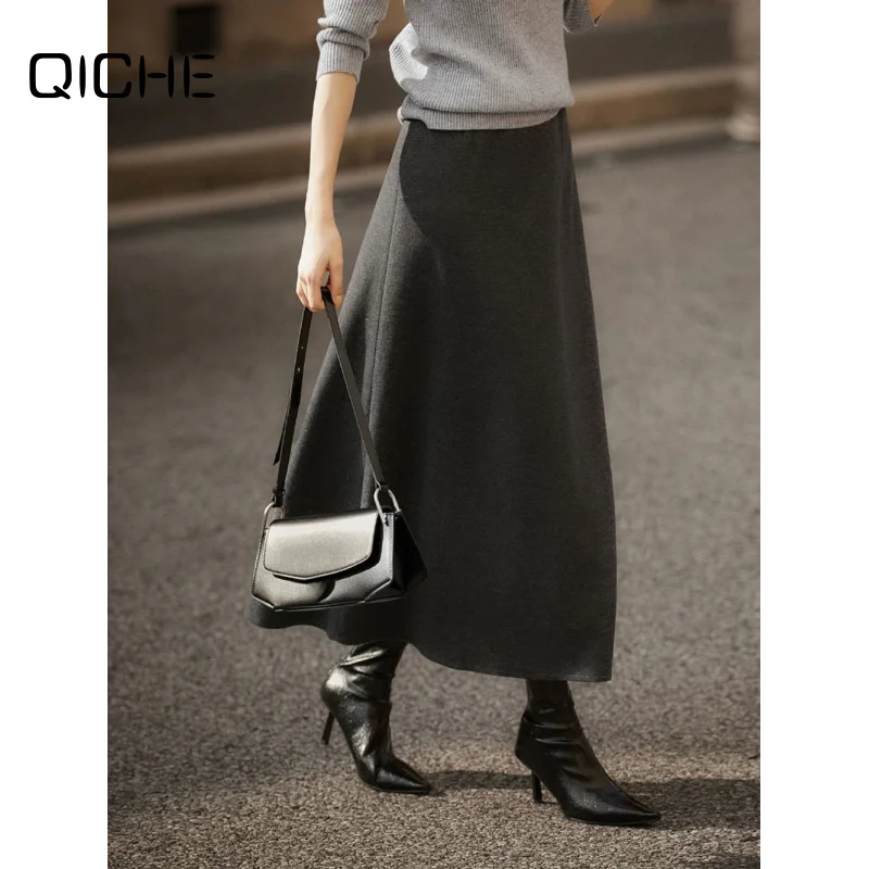 QICHE 2026 Women High Waist A-Line Thick Skirt Zero Pressure Soft Wool Acetate Fabric Draped Versatile Early Autumn Skirt