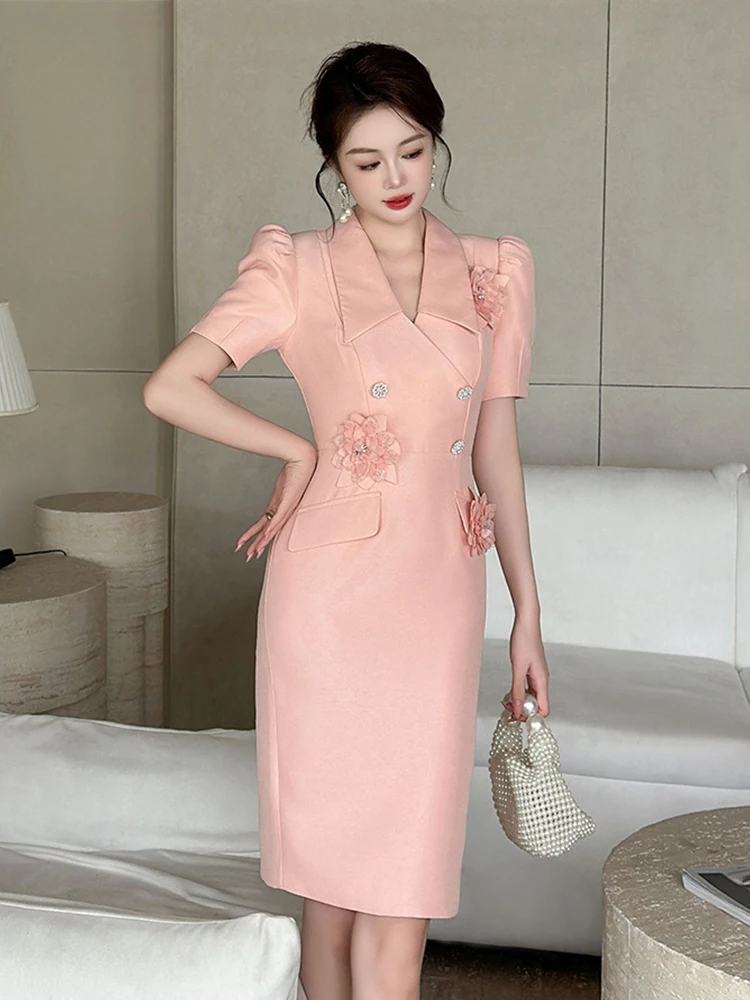 Elegant Fashion Pink Business Formal Dress Women Sweet Flowers Bubble Sleeve Slim Pencil Robe Party Prom Vestido Banquet Clothes