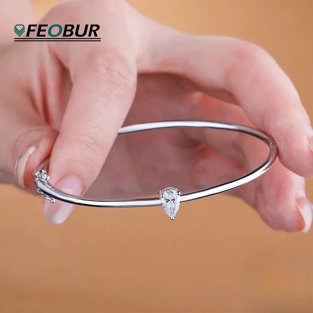 Certified 1CT Pear Cut Moissanite Bangles Solid S925 Silver Waterdrop Lab Diamond Hard Bracelet for Women Dainty Jewelry Gift