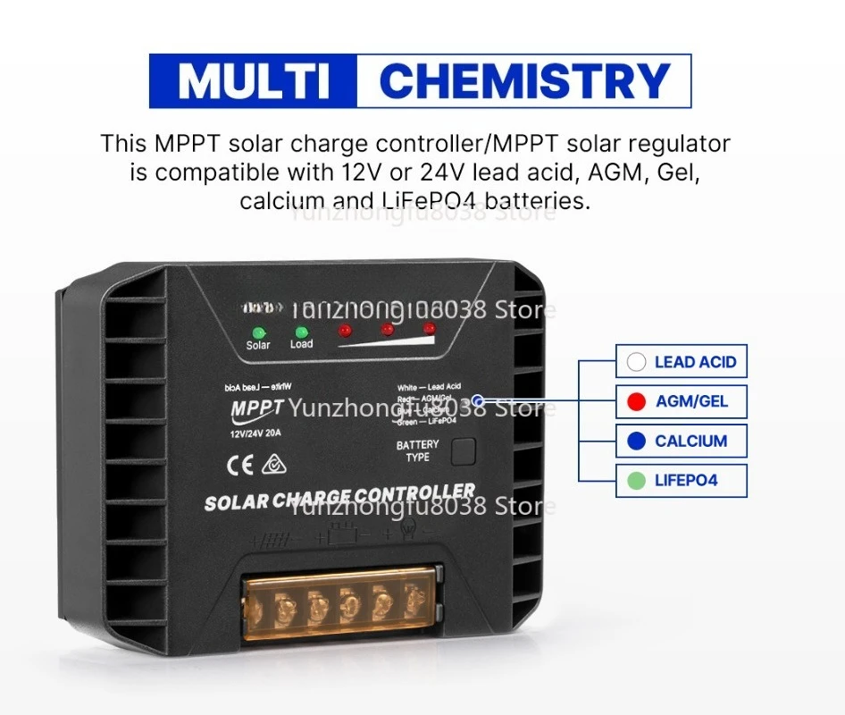 High Efficiency 12V 20A MPPT Solar Charge Controller with Lithium Battery Activation for RVs, Boats, Caravans, Trailers