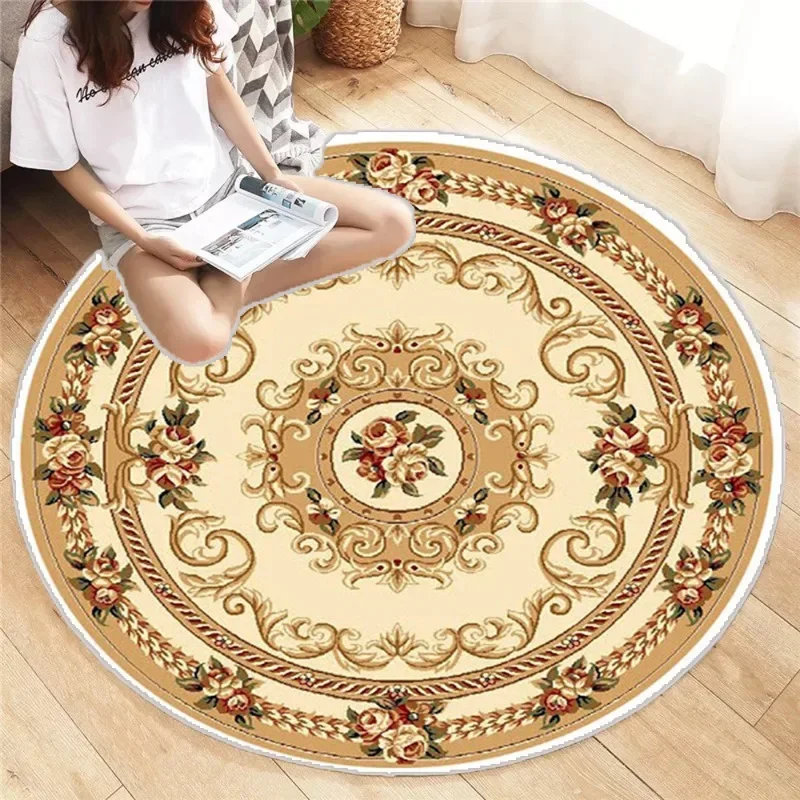 Gilt Classical Round Carpet, Centered Medallion with Symmetric Florals on Ivory Rug Embossed Floor Mat for Grand Parlor Decor
