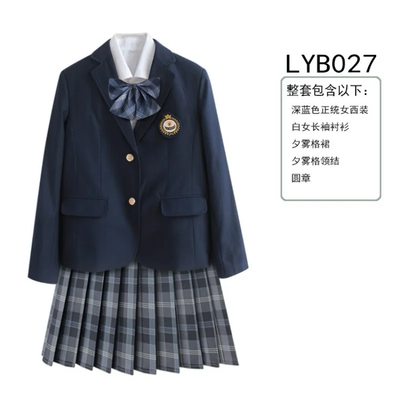 5PCS Women Korea British Japan School Uniform Outfit Girl Anime Cosplay Costume Blazer Shirt Tie Badge Plaid Skirt