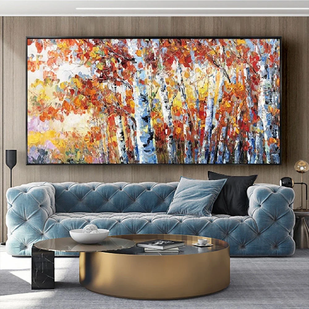 

Wall Decorative Art 100% Hand Painted Canvas Red Tree Forest Birch Oil Paintings Modern Hotel Decor Pictures Acrylic Paintings