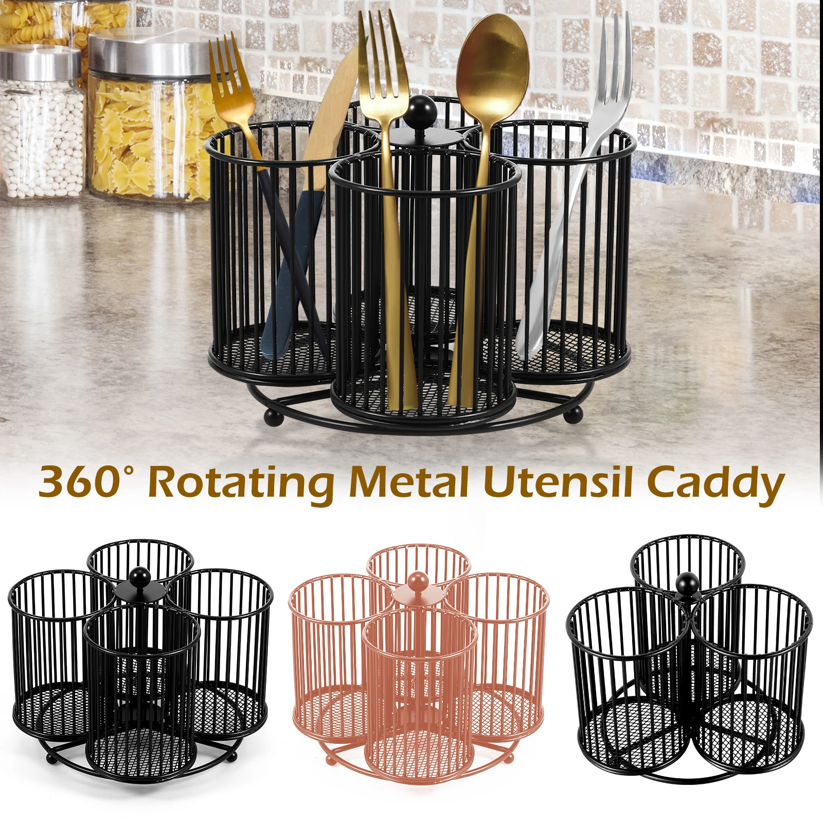 Metal Utensil Caddy 360 Degree Rotating Cutlery Holder 4 Compartment Flatware Storage Basket Portable Multipurpose