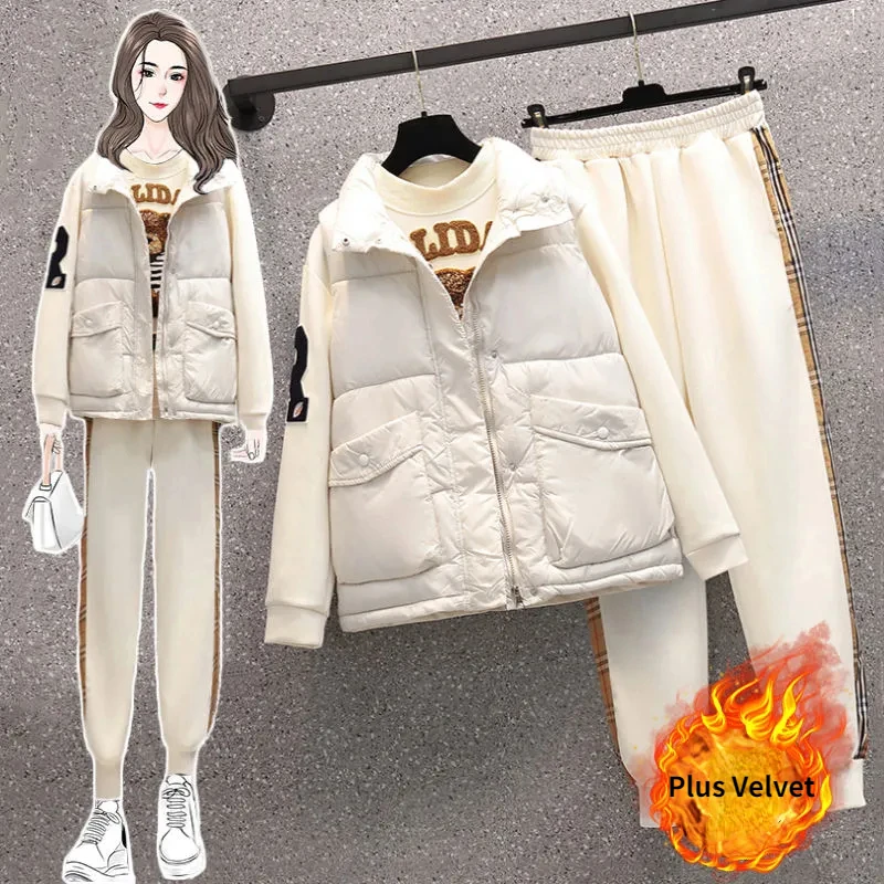 

New Casual Loose Fall Outfits Women 3 Piece Sets Cotton Padded Vest + Cartoon Pullover Sweatshirt + Pants Warm Women's Tracksuit