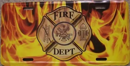 Aluminum License Plate Fire Department Emblem with Flames NEW Aluminum