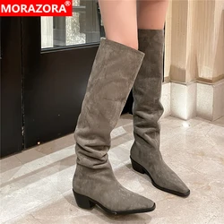 MORAZORA 2024 New Faux Suede Over The Knee Boots Women Pointed Toe Pleated Thigh High Boots Fashion Long Botas Ladies Daily Shoe
