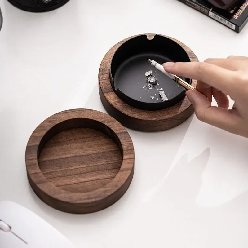 

Creative Ashtrays With Lid Walnut Wood Desktop Ashtray Stainless Steel Windproof Ash Tray for Smoking Office Home Decoration