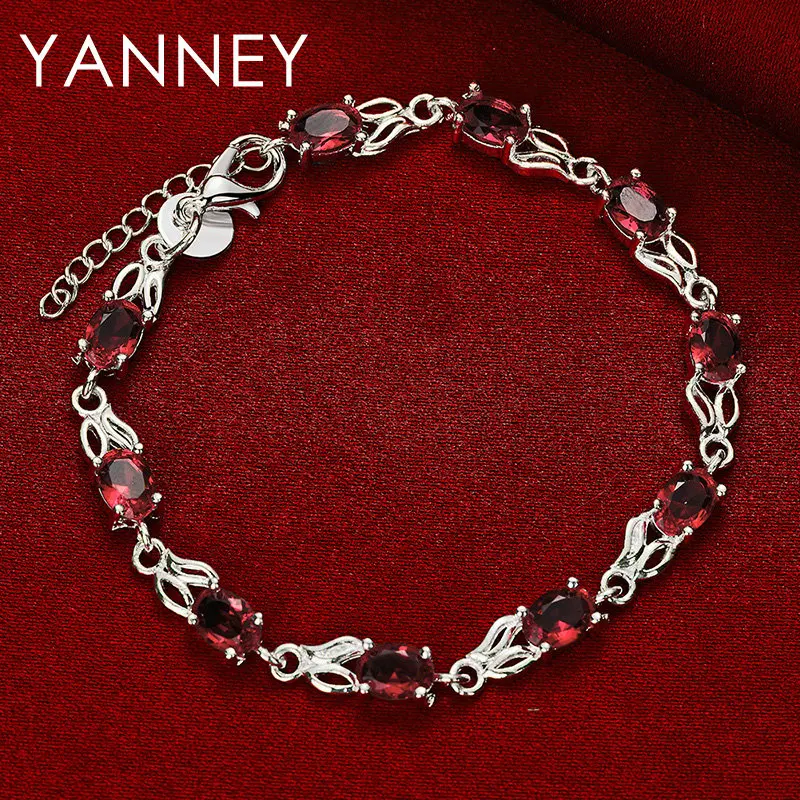 925 Sterling Silver 8 Inch Exquisite Red Zirconia Womens Bracelet Jewelry Wedding Party Favor Accessories