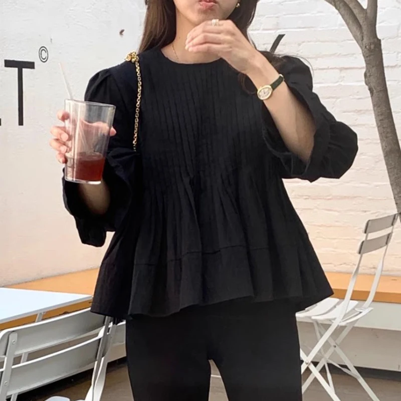 

Chic Vintage round Ne Accordion Pleat Design Loose Women's irt Flared Sve Pure Color Fall Faion Korean Sle