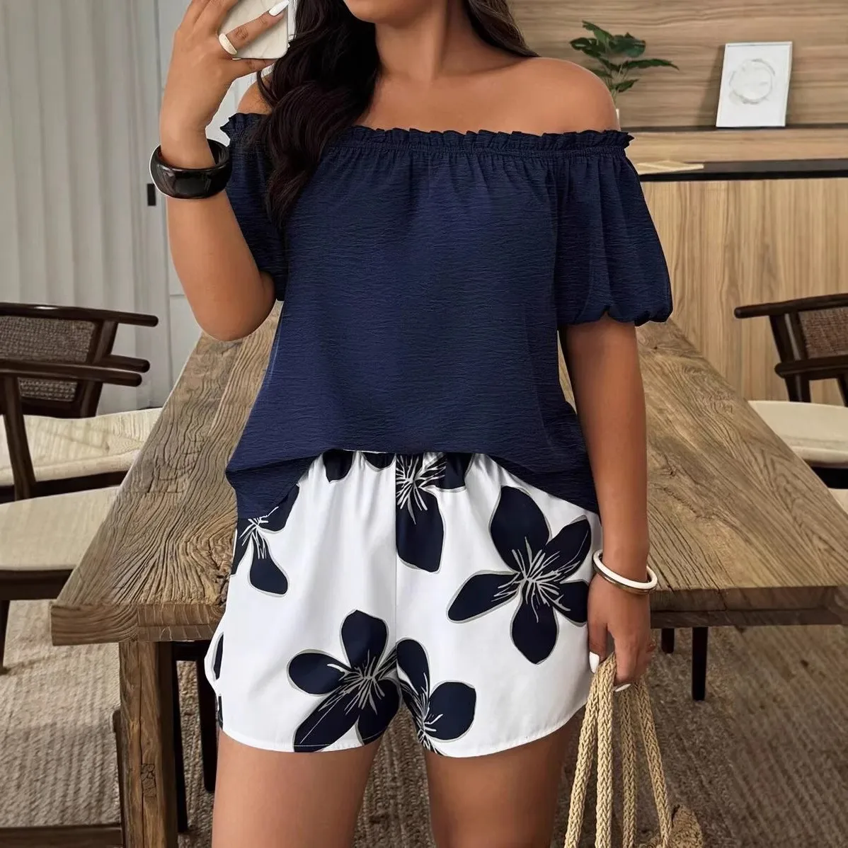 

Summer Women's Shorts Two Piece Set Floral Print Pants Cropped Top Navy Blue High Waist Woven Casual Shorts