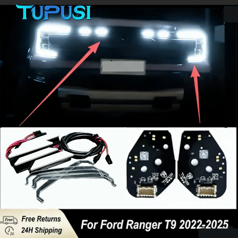 White LED FRONT GRILLE LIGHT LAMP & Daytime Running Light Kit for Ford Ranger Lariat Raptor T9 2022-2025 LED Lighting DRL Board