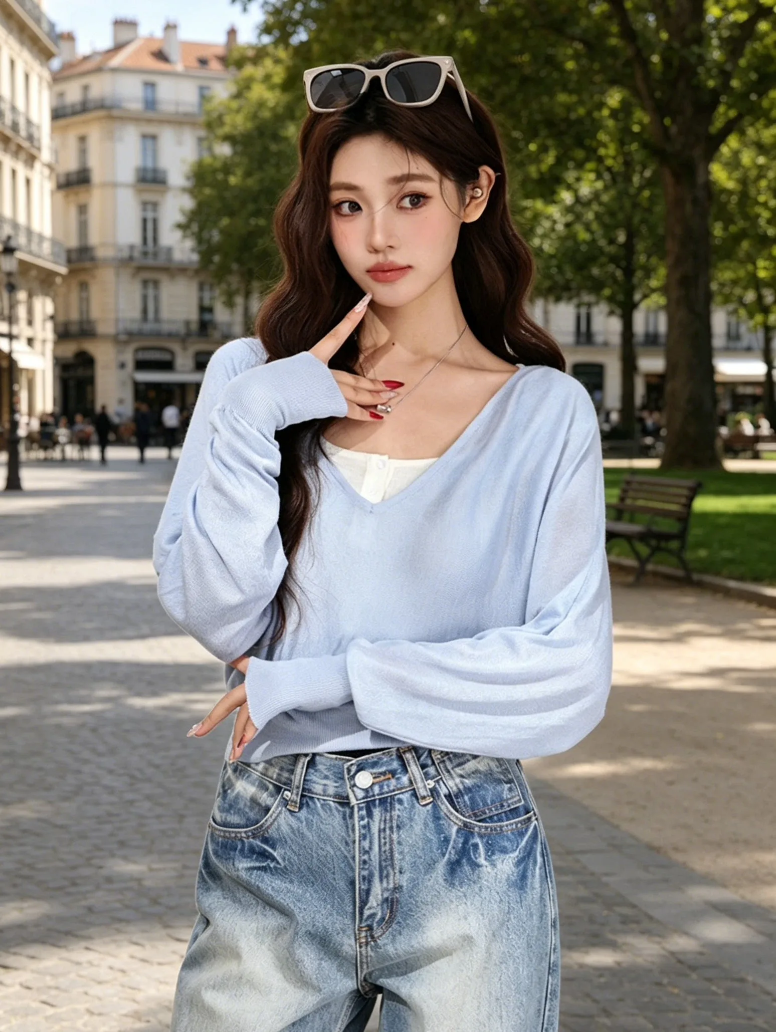 

Spring Autumn Simple V-neck Batwing Sleeve Long Sleeve Knitted Top Women's Fashionable Casual Loose Fit Knitwear