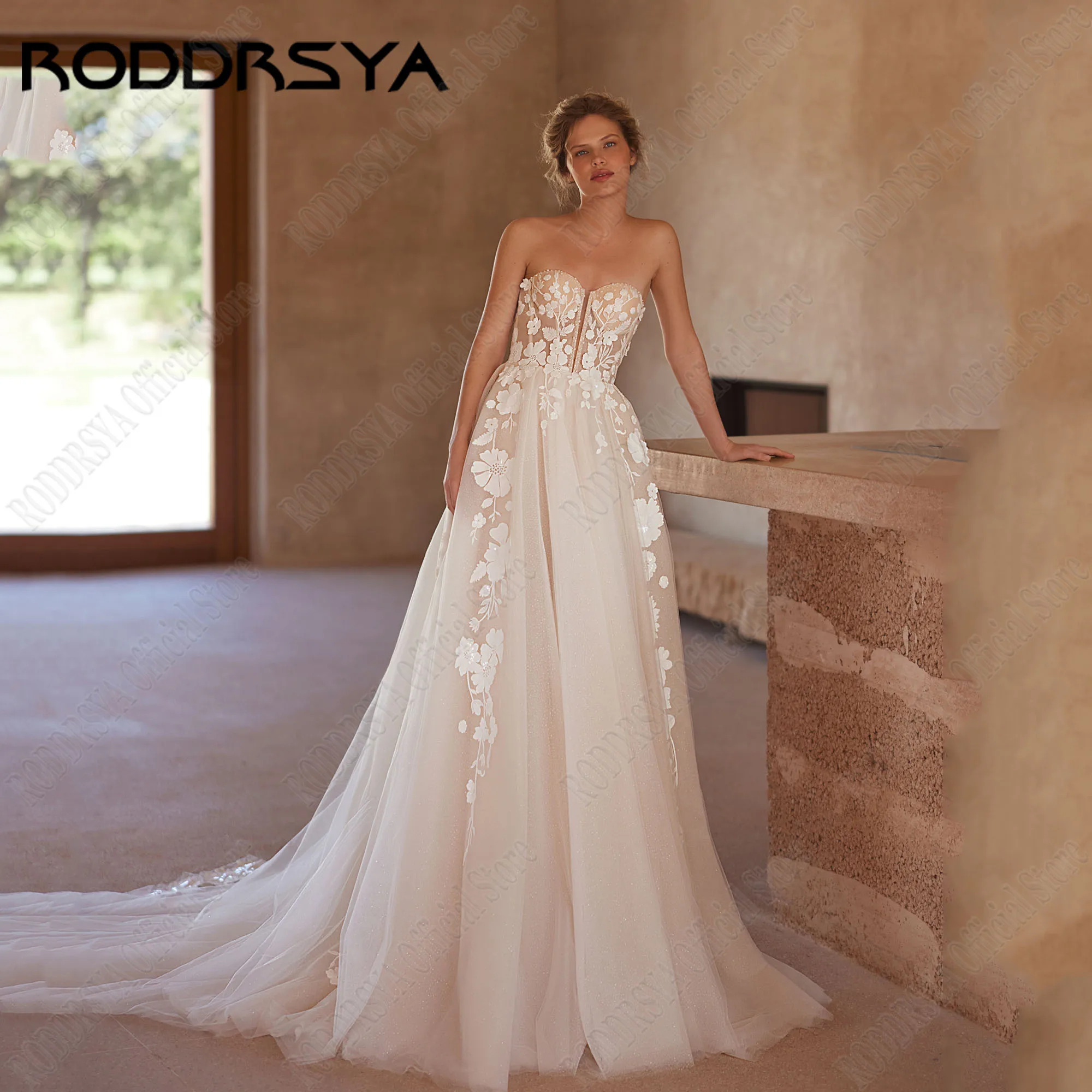 RODDRSYA Sparkling Strapless Wedding Dresses 2024 Bride Puff Sleeves Sequin Beading A-Line Lace Up Robe De Mariée Customized