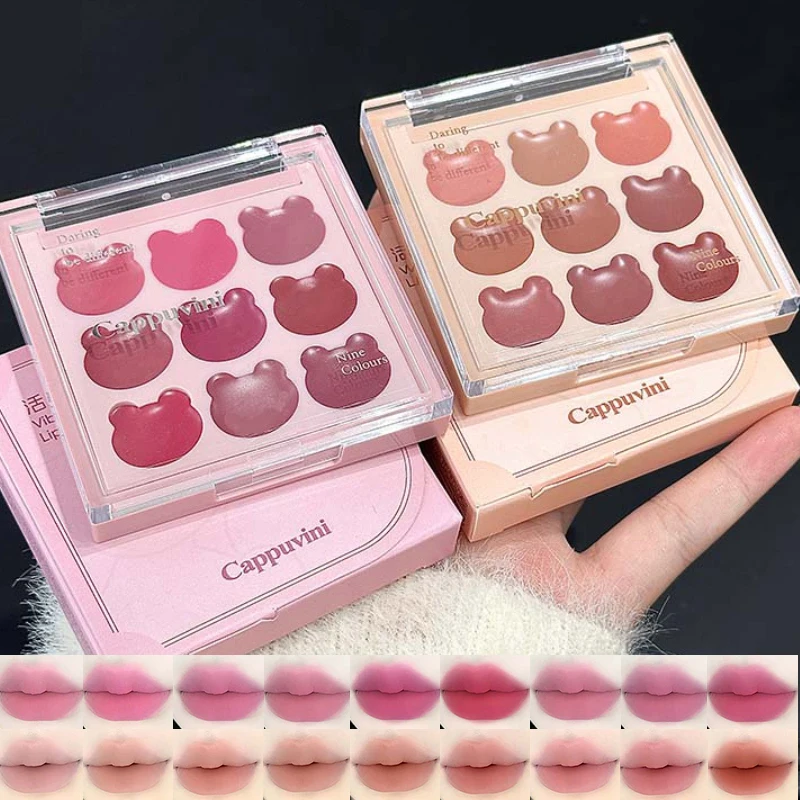 موس شفاه كابوفيني 9 ألوان مخملي - لمسة نهائية غير لامعة وطبيعية، يدوم طويلاً، غير قابلة للتجفيف، تصميم دب لطيف للمظهر الشبابي،