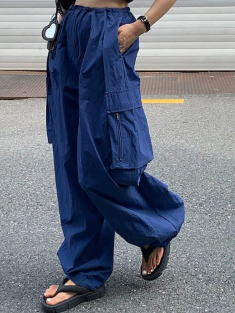 

Chic Summer High Waist Dstring Loose Wide Leg Pants Women's Casual Trousers with Big kets Versatile Long Pants