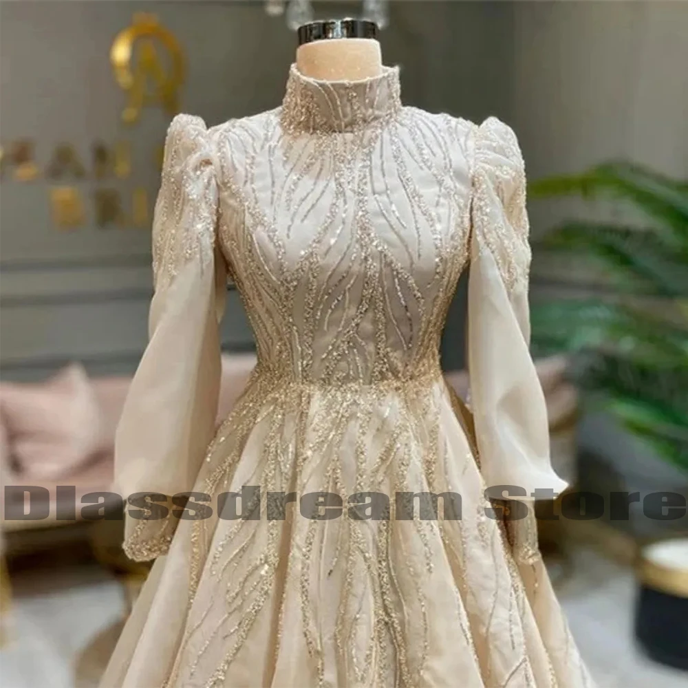 Precioso vestido De noche brillante con lentejuelas para mujer, manga larga, corte en A, cuello alto, vestido De princesa para fiesta, 2023