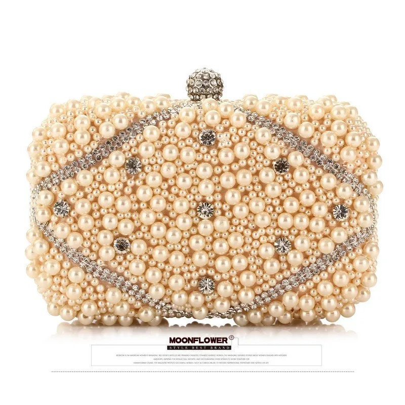 بلورات فاخرة مطرز اللؤلؤ مساء حقائب يد حفل زفاف حقيبة يد موضة المرأة الأبيض البيج سلسلة طويلة حقائب كتف #4