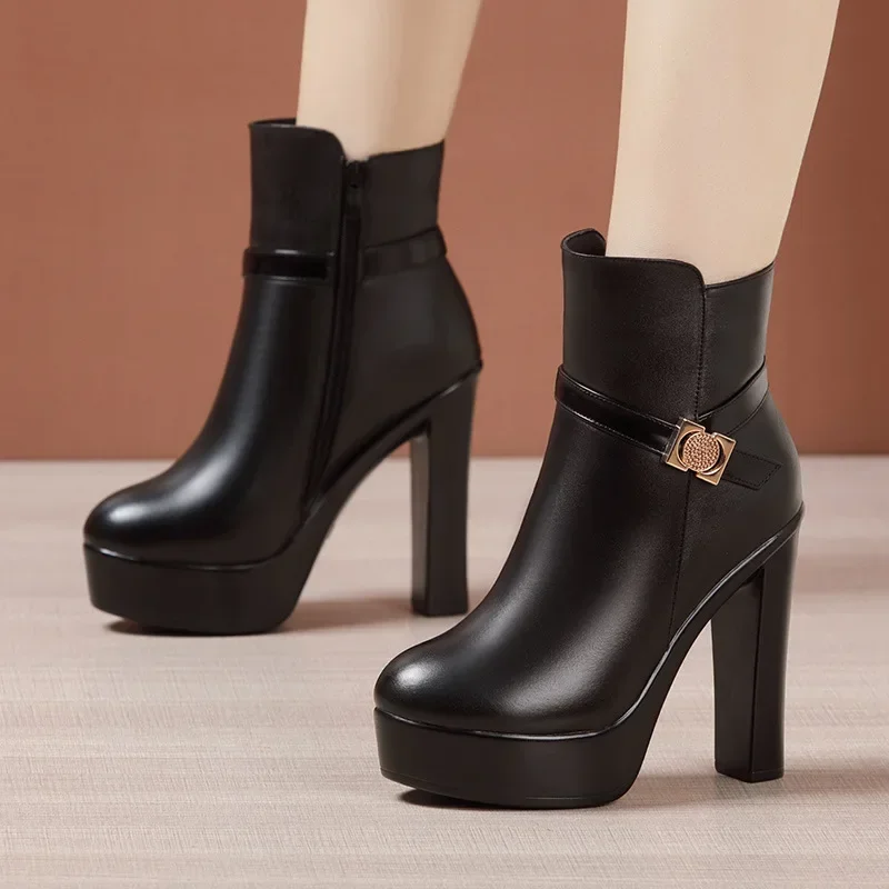 10cm Small Size 32-43 Sexy Soft Leather Boots Women\'s Platform Shoes 2024 Fall Block High Heels Ankle Boots for Office Model