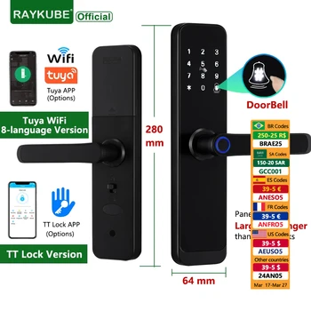 RAYKUBE K8 투야 와이파이 스마트 문짝 잠금 장치, TT 잠금, 지문 잠금, 디지털 전기 잠금, 더 긴 핸들 패널 초인종
