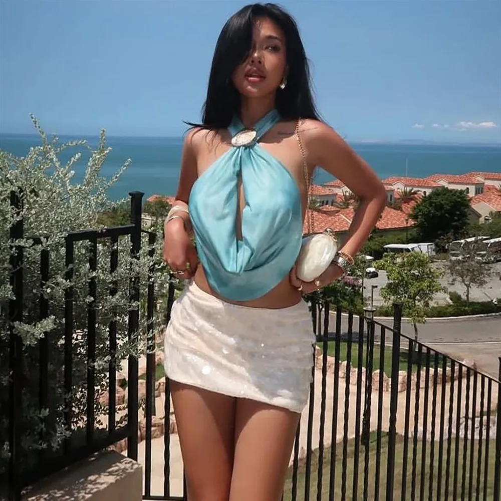 أنثى سوينغ الرقبة الرسن معلقة الرقبة كاميس الدبابات سترة المحاصيل القمم المرأة الأزرق الاستوائية عطلة مهرجان عارية الذراعين Hotsweet بروتيل #3