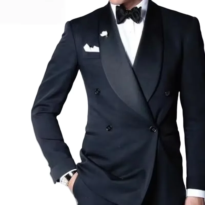 

«Мужской темно-синий свадебный костюм премиум-класса» — смокинг жениха из двух предметов на заказ | Двубортный пиджак и брюки с остроконечными лацканами