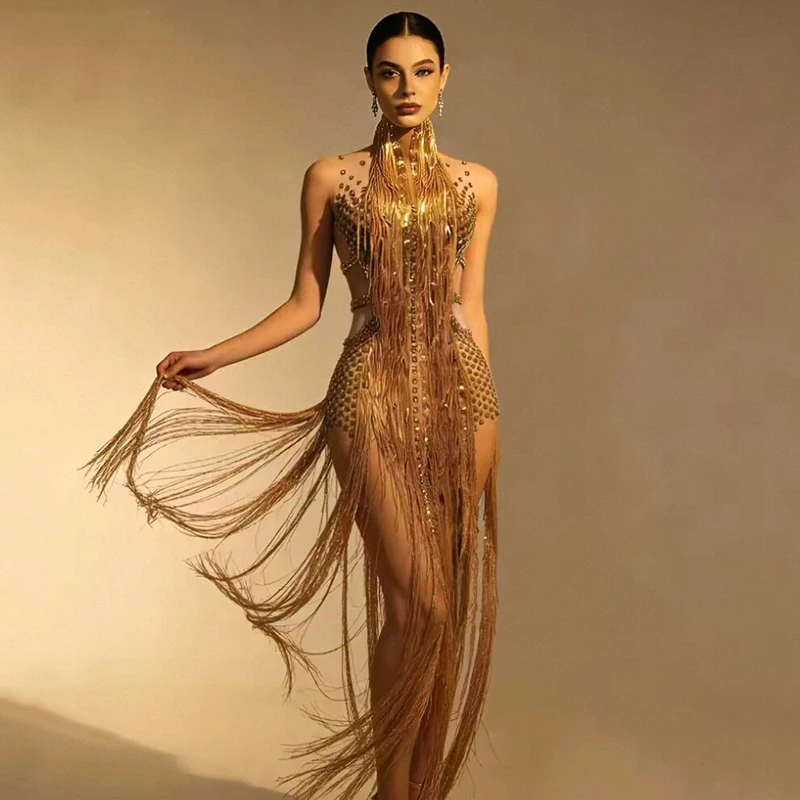 Irregular Fringed Rhinestones Dress Women Stage Catwalk Evening Dresses Party Festival Gown Jazz Dance Gogo Costume XS11824