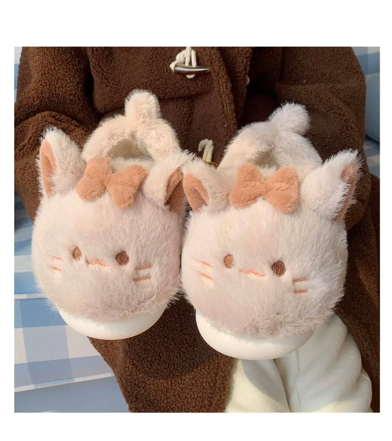 Cute Fluffy cat Slippers Women Slip on Animal Slides Indoor House Furry Cotton Shoes Warm 2024 New Girls cat Shoes