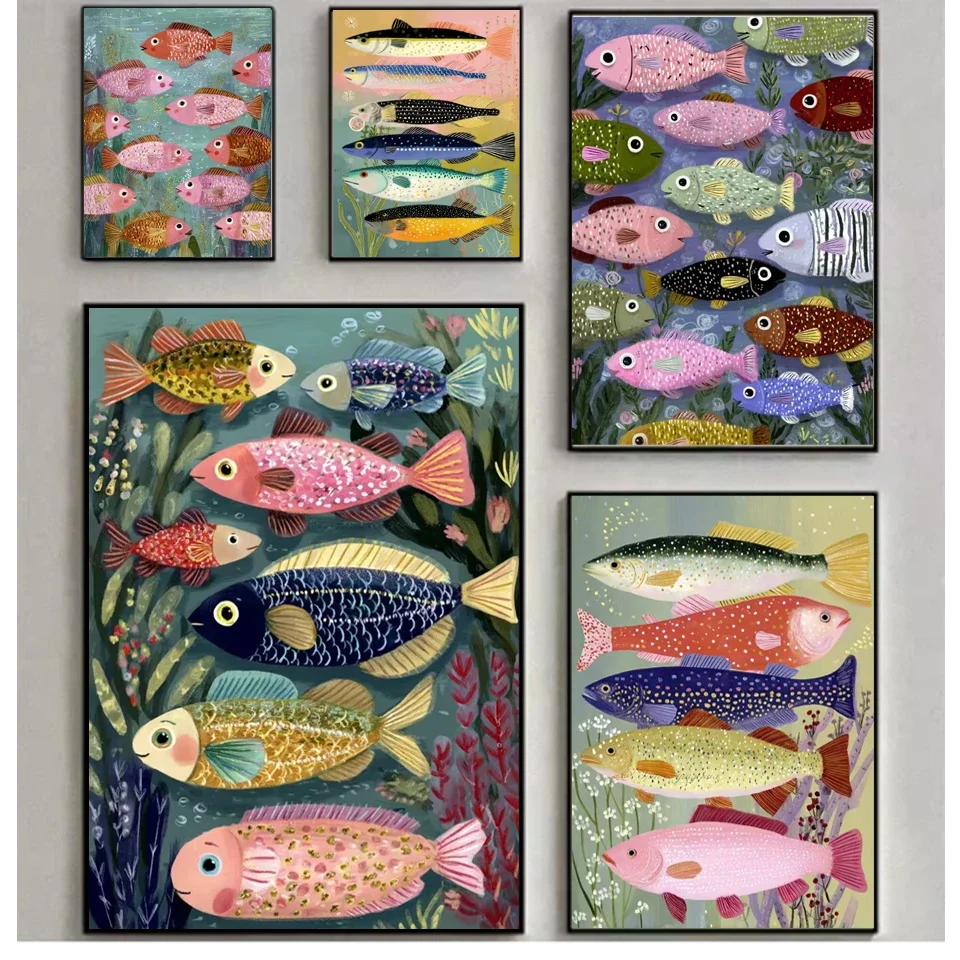 Diamond Painting Colorful Cartoon Fish Diamond Wall Art Whimsical Underwater Ocean Seabed Seaweed Print Nautical Marine Animal