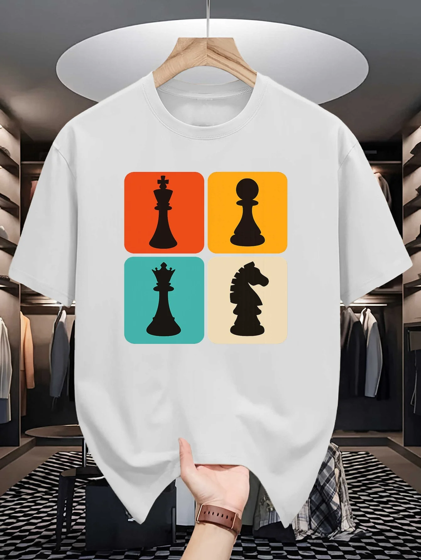 Mens Color Block Chess Pieces T Shirt King Queen Knight Pawn Graphic Short Sleeve Crew Neck Casual Cotton Male Daily Fashion Tee