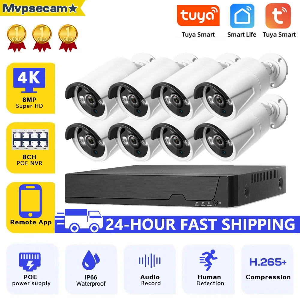 

TUYA 8CH POE NVR 8MP Ultra HD Video Surveillance System 4K IR Network POE Camera Built-in Mic IP67 Waterproof CCTV Security Kit