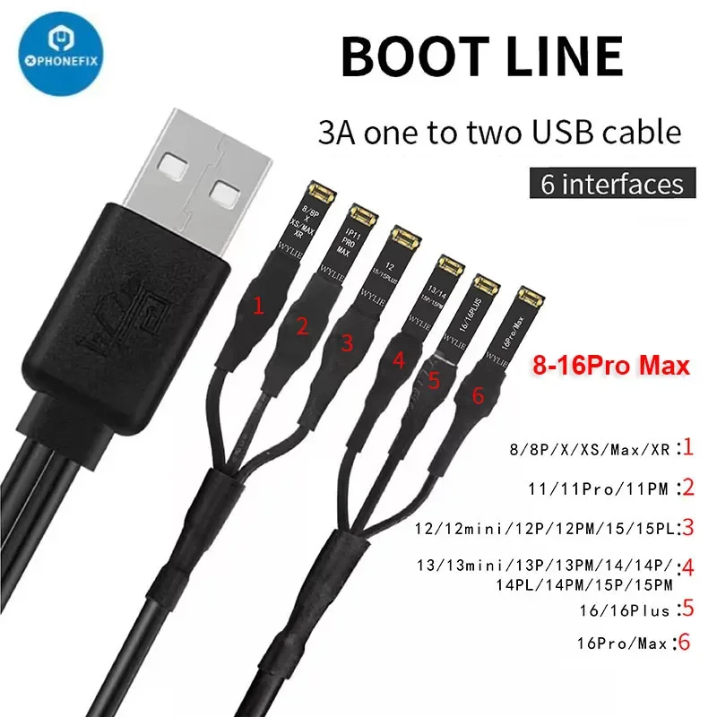 WYLIE Power Cord 3A 1 To 2 USB Cable (6 Interfaces) DC Power Supply Cable For iPhone 8-16Pro Max Motherboard Repair Boot Line