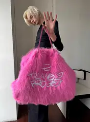 Faux Fur Pink Letter Handbag Black Plush Tote Bag Large Capacity Winter Unisex Fluffy Big Square Shoulder Bag Y2k Furry Handbags