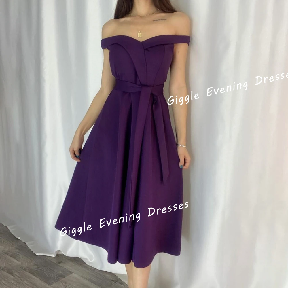 

Giggle Satin Off-Shoulder Pleating Elegance Prom Gown Saudi Arab Sashes Summer Tea-Length Evening Party Dresses for Women 2024