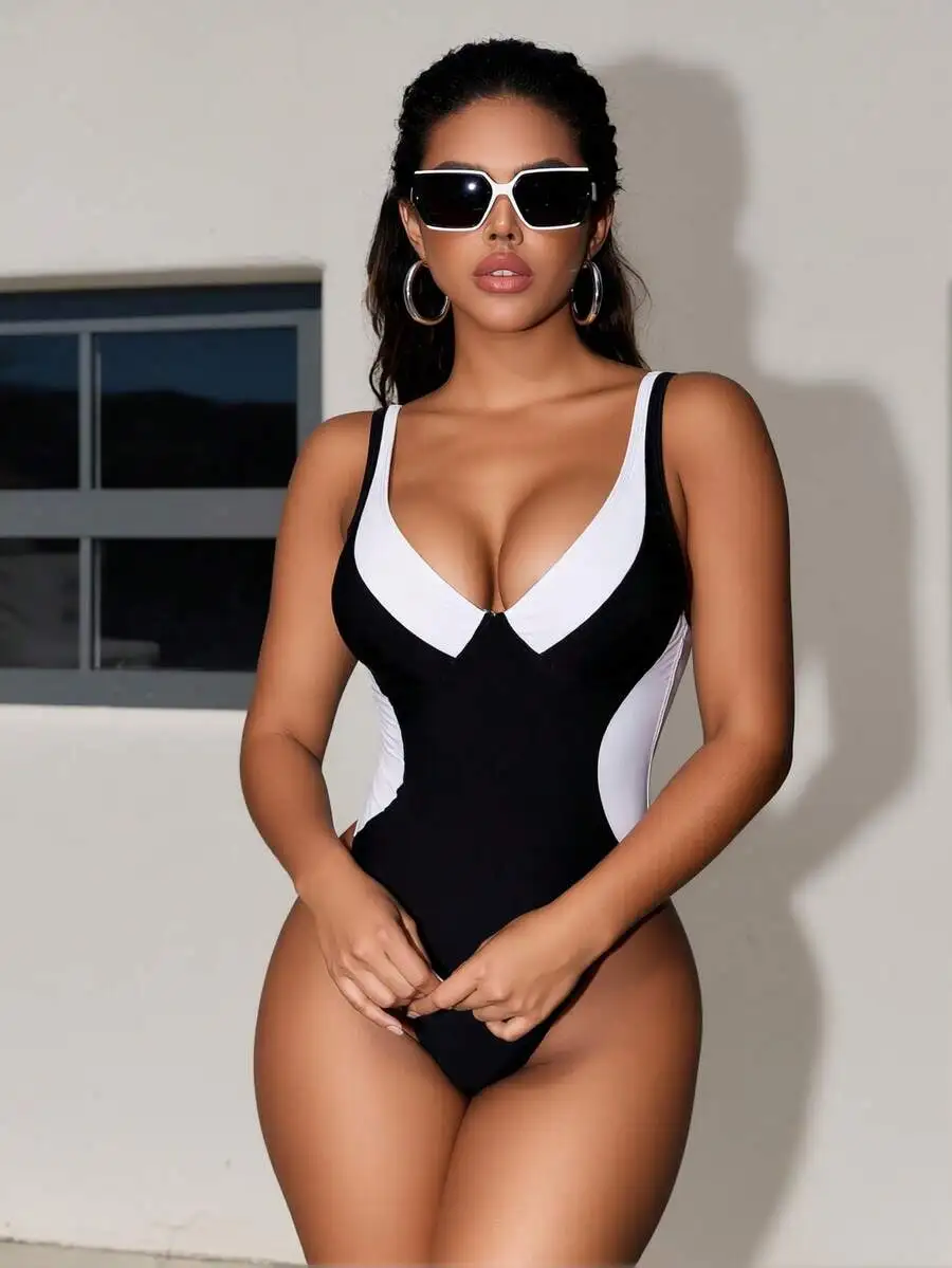 European Style One Piece Swimsuit Color Block Deep V Push Up High Cut Butt Lifting