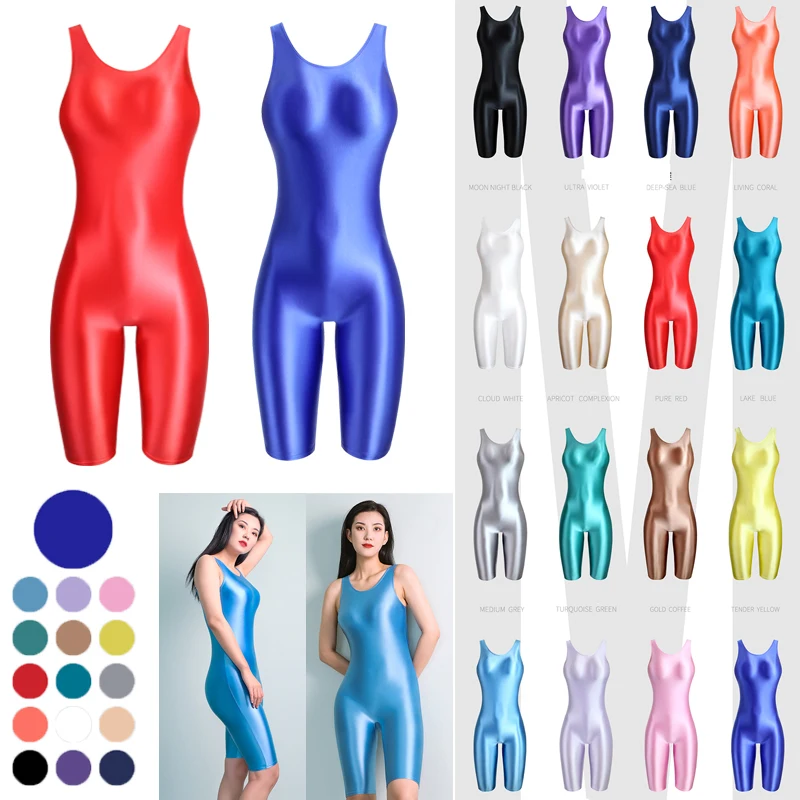 MJINM Women's Sexy Oil Smooth One-piece Tights Sports Zentai Bodysuit Silky Rompers Cosplay Yoga Knee Length Sleeveless Jumpsuit